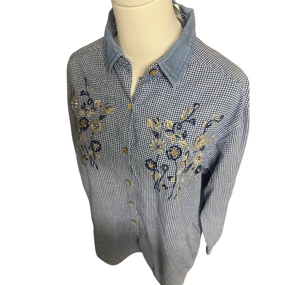 Vintage Womens Blue Gingham Floral Embroidered Beaded Button Down Shirt L - Picture 2 of 11